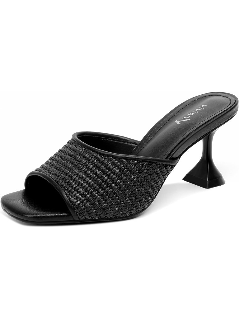 Women's Black Braided Square Open Toe Slip On Heeled Slides Sexy Mules Sandals